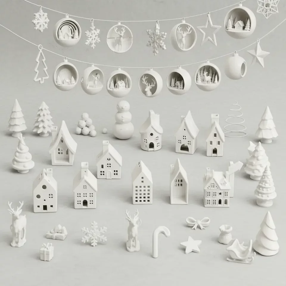 Pack +50 Arquivos STL Natal – Ornamentos, Árvores, Casas 3D & Mini Vilarejos