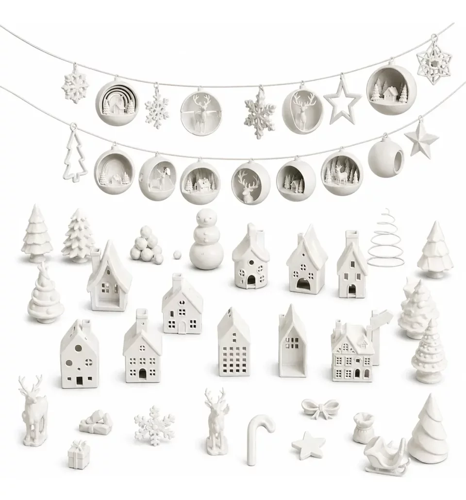 Pack +50 Arquivos STL Natal – Ornamentos, Árvores, Casas 3D & Mini Vilarejos