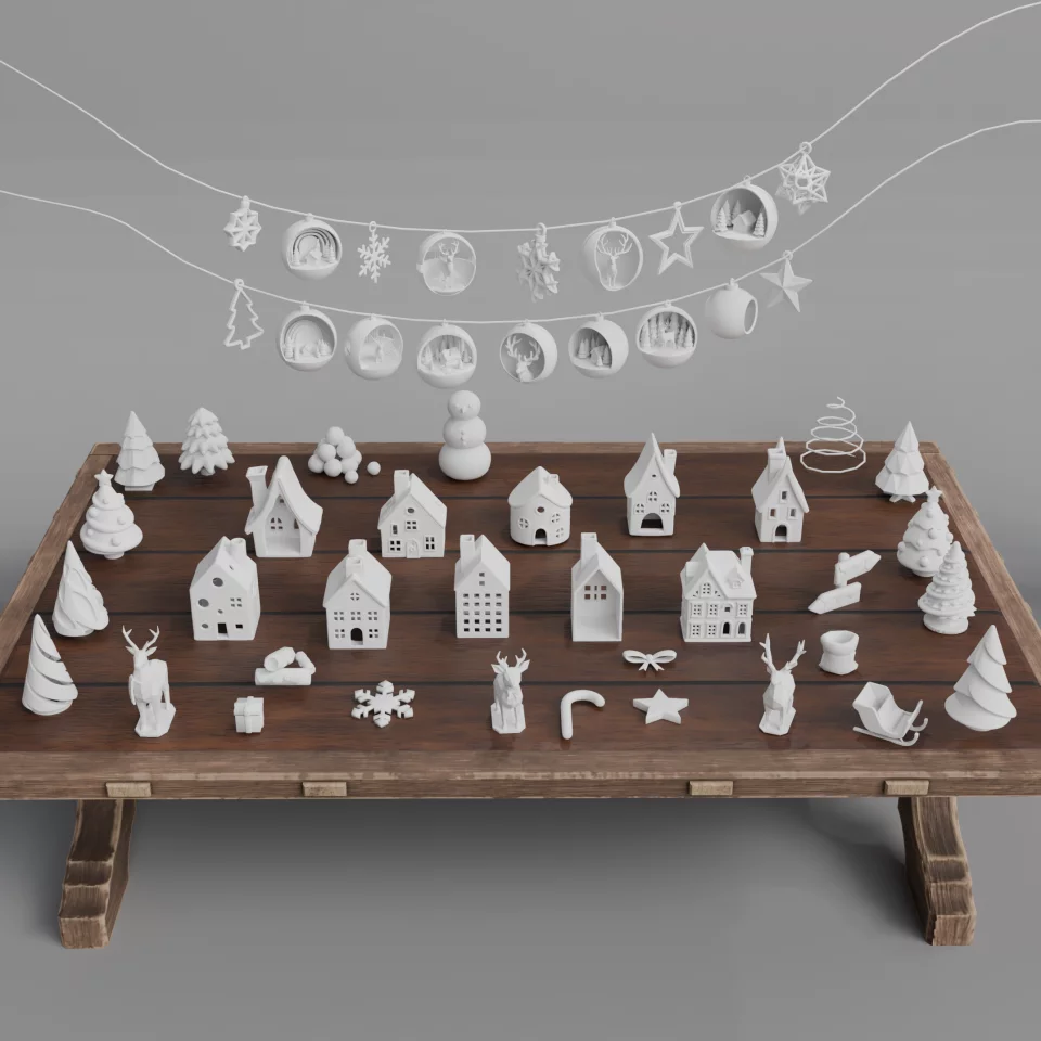 Pack +50 Arquivos STL Natal – Ornamentos, Árvores, Casas 3D & Mini Vilarejos