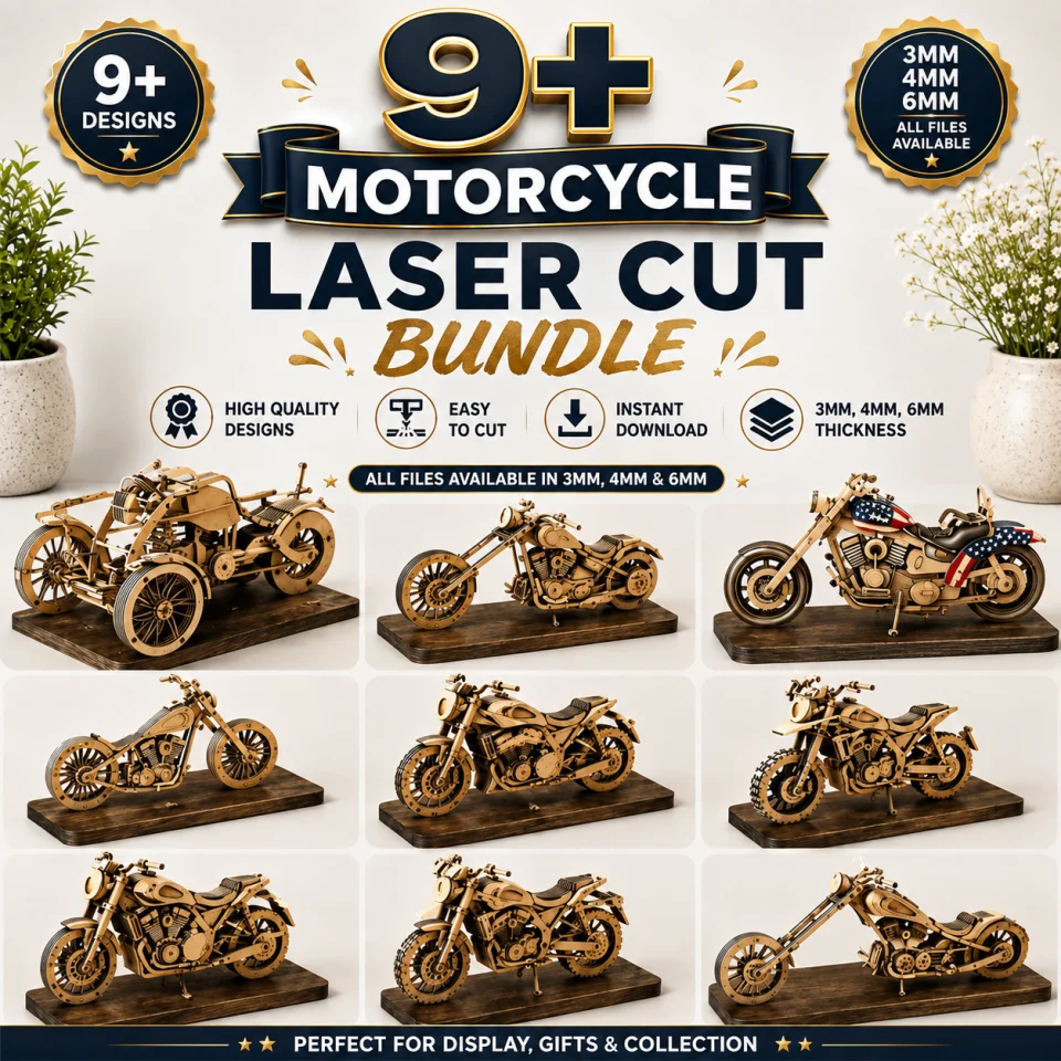 Pacote 9+ Motocicletas SVG DXF para Corte a Laser em Madeira 3D