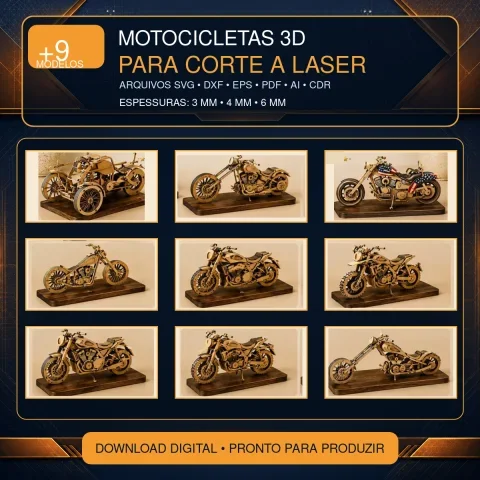 Pacote 9+ Motocicletas SVG DXF para Corte a Laser em Madeira 3D
