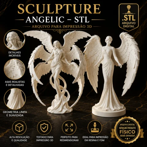 Escultura de Anjo com Asas STL para Impressão 3D – Estátua Angelical Decorativa