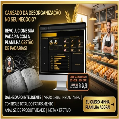 Planilha Excel com Dashboard Gestão de Padarias - (Download Digital)