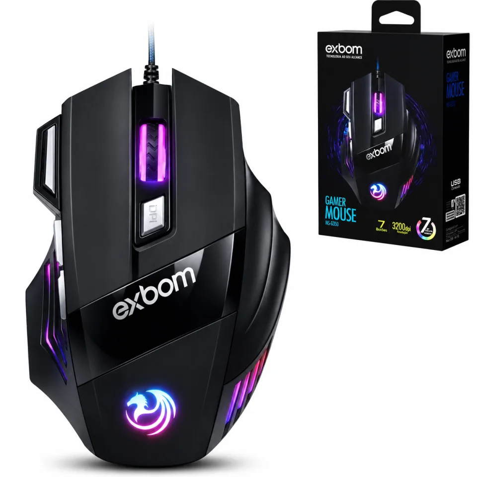 Mouse Gamer Exbom MS-G260 RGB 3200 DPI 7 Botões Ergonômico USB