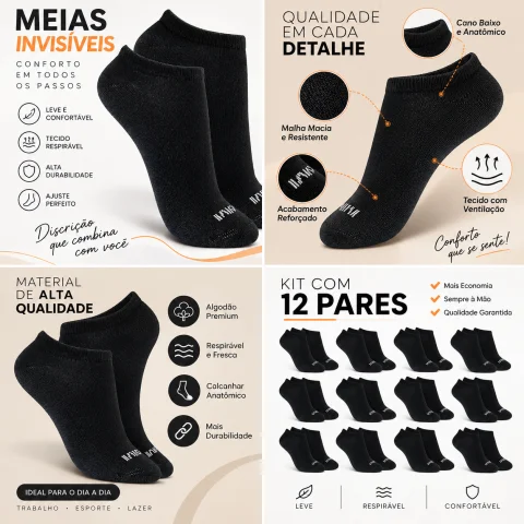 Kit 12 Pares de Meias Invisíveis Cano Baixo Pretas